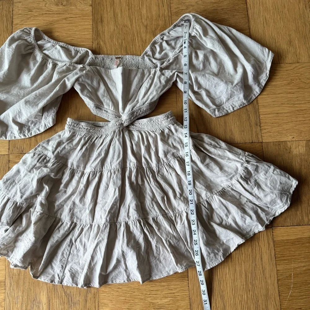 Free People XS Cross of Sunlight Dress Tan Oatmeal Mini Tiered Criss Cross Back